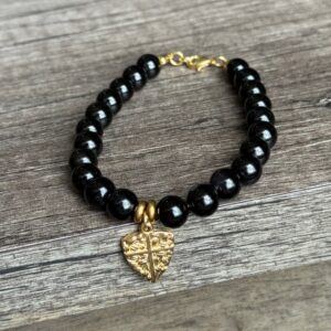 Beautiful Black healing crystal Bracelet with heart cross stainless steel charm