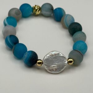 White pearl and blue galaxy beads handmade bracelet